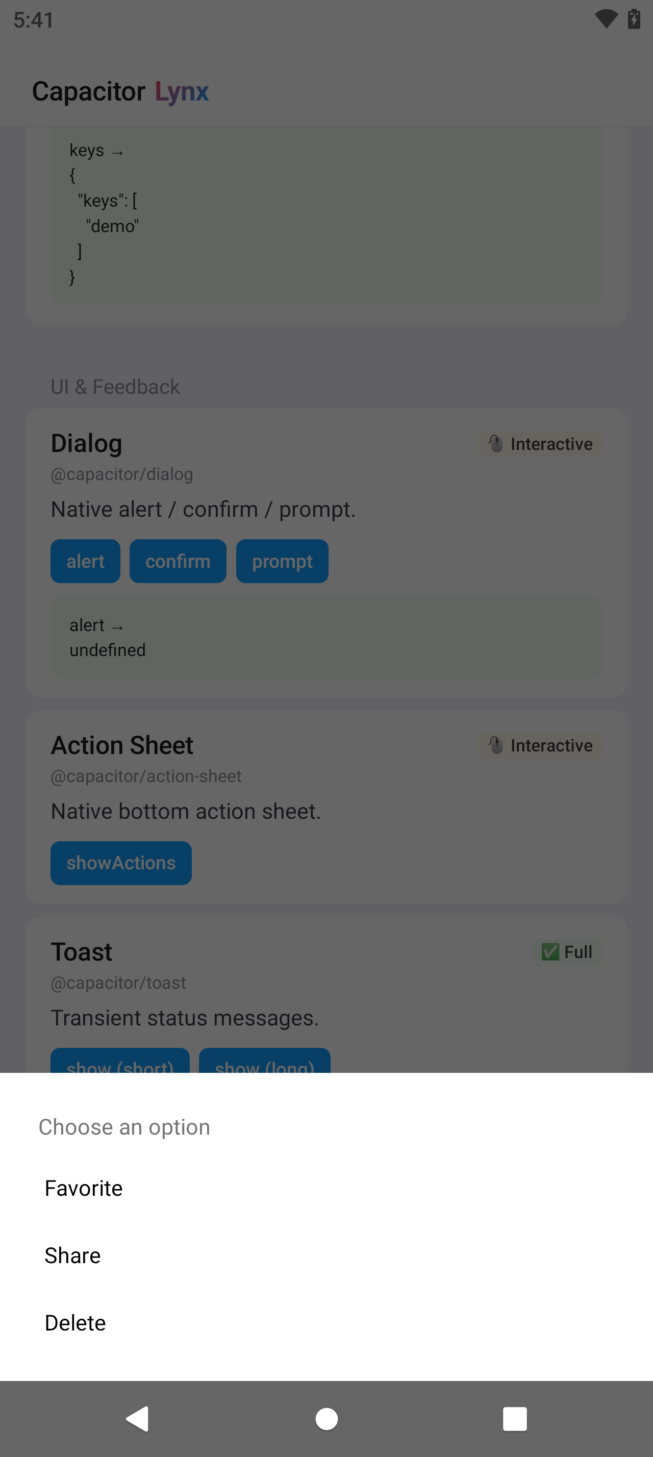 Android cloud device showing a native Capacitor Action Sheet