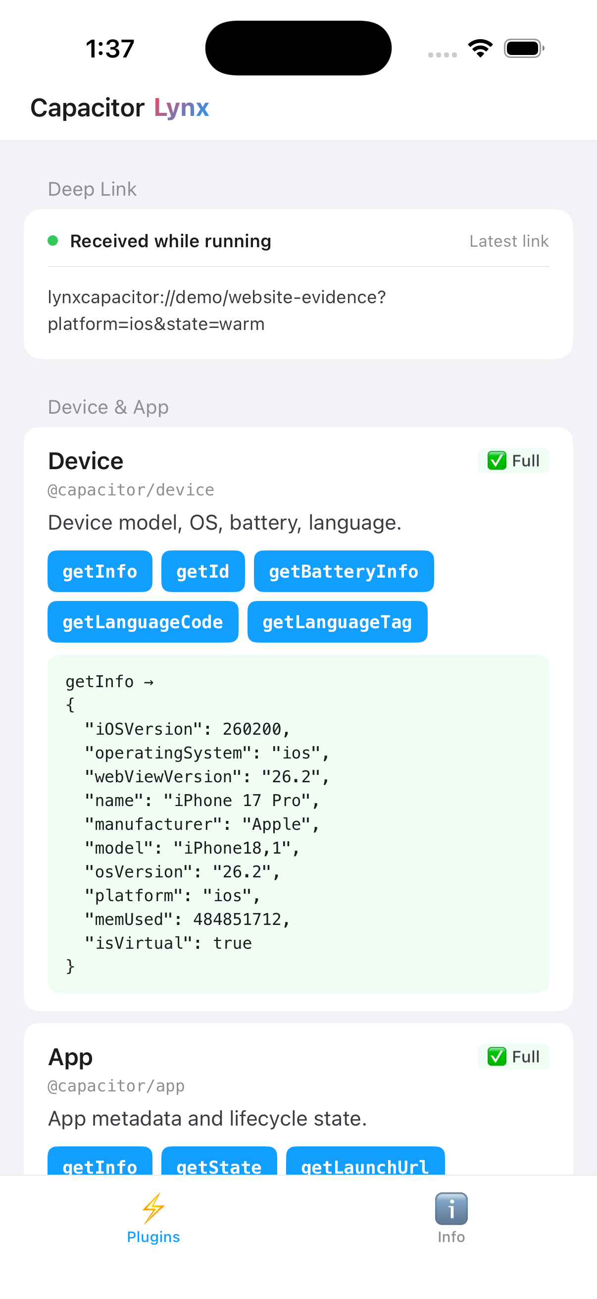 iOS Simulator showing a warm Deep Link delivered to the Lynx Capacitor demo
